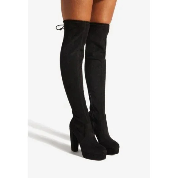 NIB Black Faux Suede Over The Knee Block Heel Baddie Boots - Picture 2 of 6